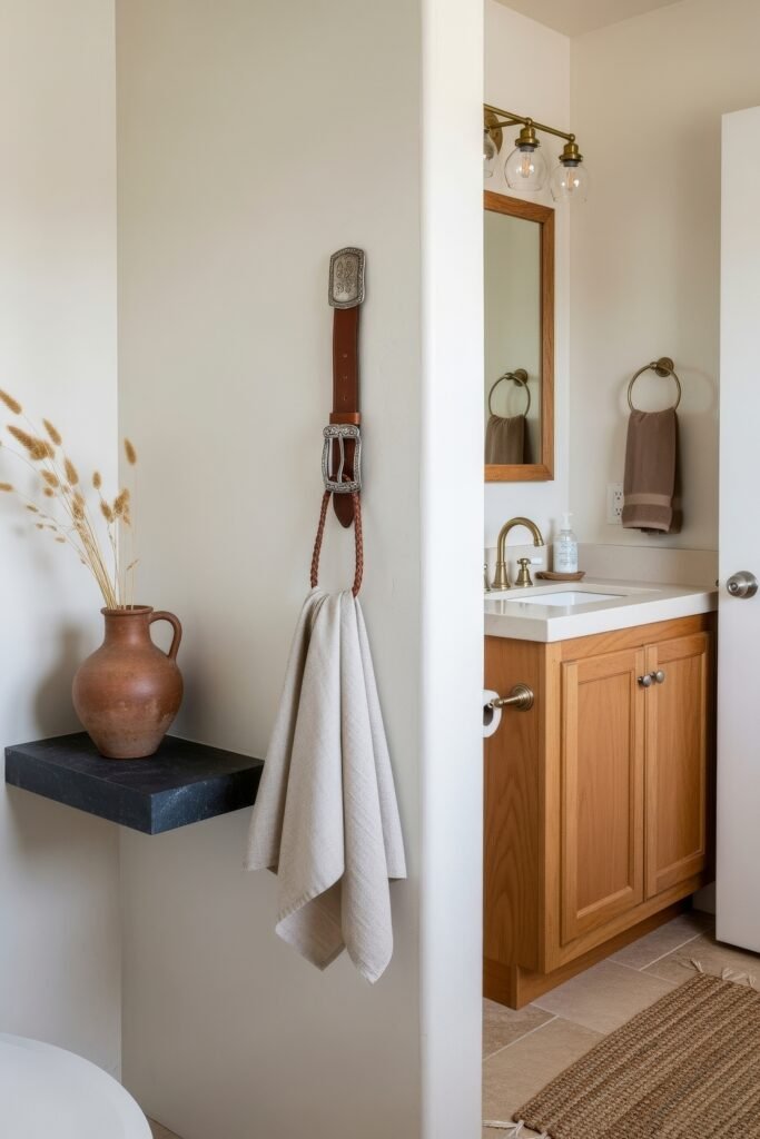Desert-Modern Magic: Western Bathroom Decor Ideas 9 Neutral bathroom with a leather belt towel holder, terracotta vase, wood vanity, and natural textures styled as western bathroom decor.