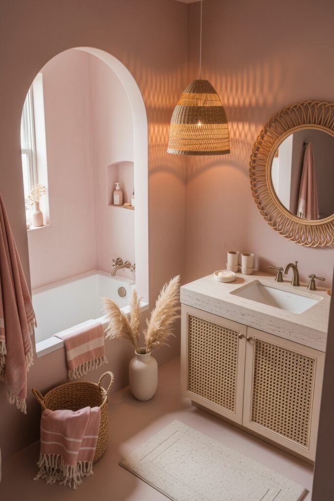 Fresh Ways to Style Pink Bathroom Decor: Looks That Glow 10 Light-filled bathroom with arched tub nook, rattan mirror, and woven basket, styled with pampas grass and striped towels for soft pink bathroom decor.