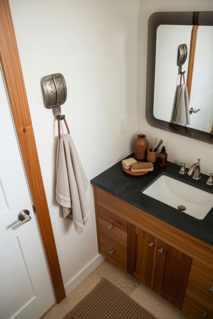 Desert-Modern Magic: Western Bathroom Decor Ideas 10 Bathroom vanity with dark countertop, rustic pottery, grooming items, and a silver belt buckle towel hook for subtle western bathroom decor.