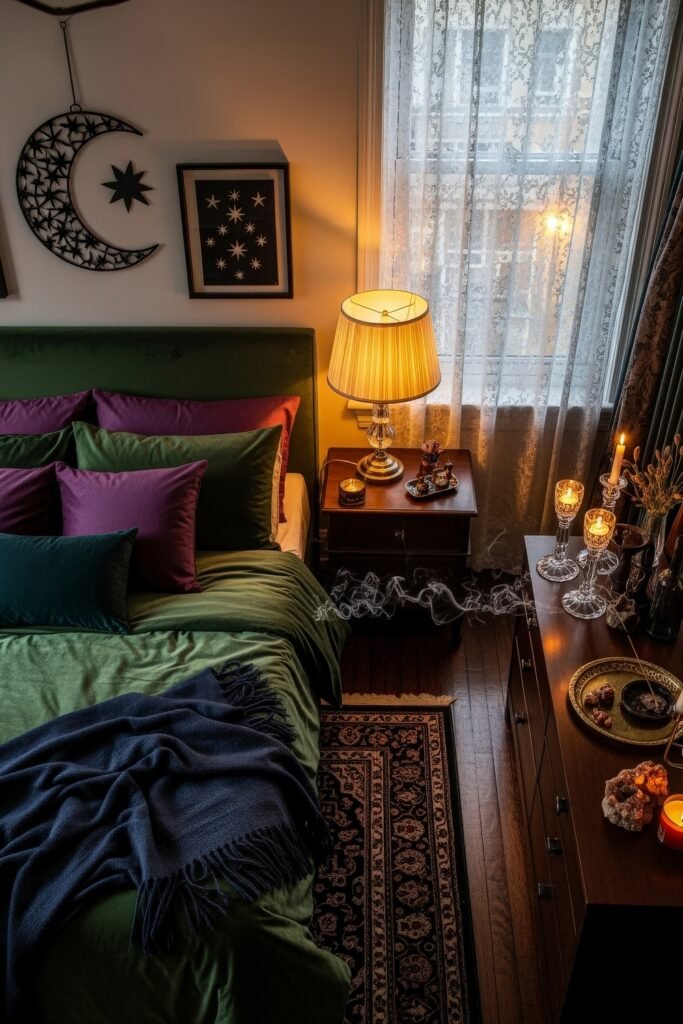 Chic Ideas for Aesthetic Apartment Decor That Feels Effortless 9 Moody bedroom styled with jewel-toned bedding in green and purple, layered candles, crystal decor, celestial wall art, and lace curtains for a dreamy atmosphere.