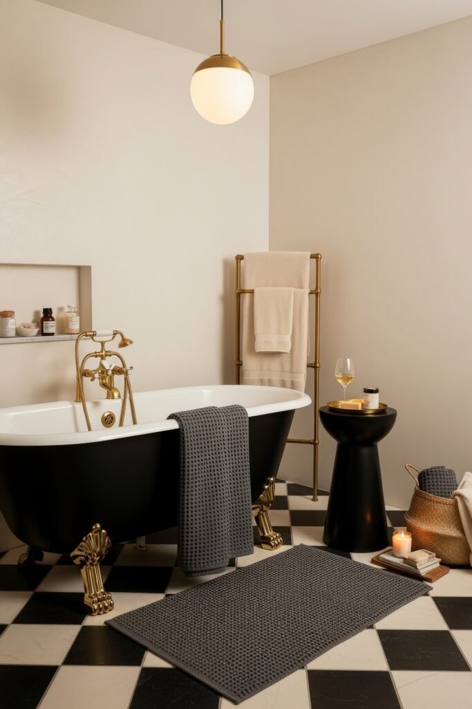 Black and Gold Bathroom Decor Ideas for Luxe Everyday Calm 8 Classic clawfoot tub in black with gold feet, checkerboard floor, gold fixtures, and a candlelit setup, perfect for stylish Bathroom Decor Inspo.