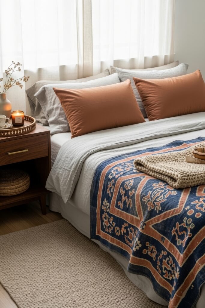 Dreamy Ways to Style a Cozy Boho Bedroom 8 A soft-toned bedroom with light gray bedding, burnt orange pillows, a blue and rust floral patterned blanket, a warm wood nightstand with a lit candle, and a small flower vase, offering a cozy, calm retreat with boho hints.