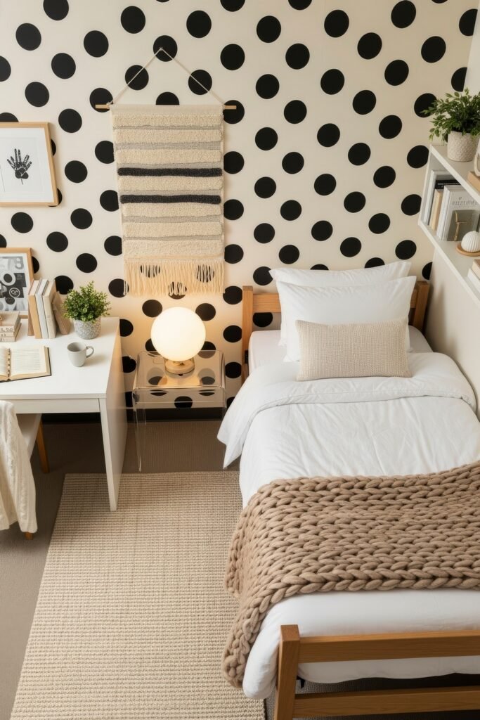 Trend-Forward dorm wall décor Ideas 7 Playful dorm design with bold black polka-dot wall décor, white bedding, a chunky knit blanket, and a woven wall hanging above the bed.