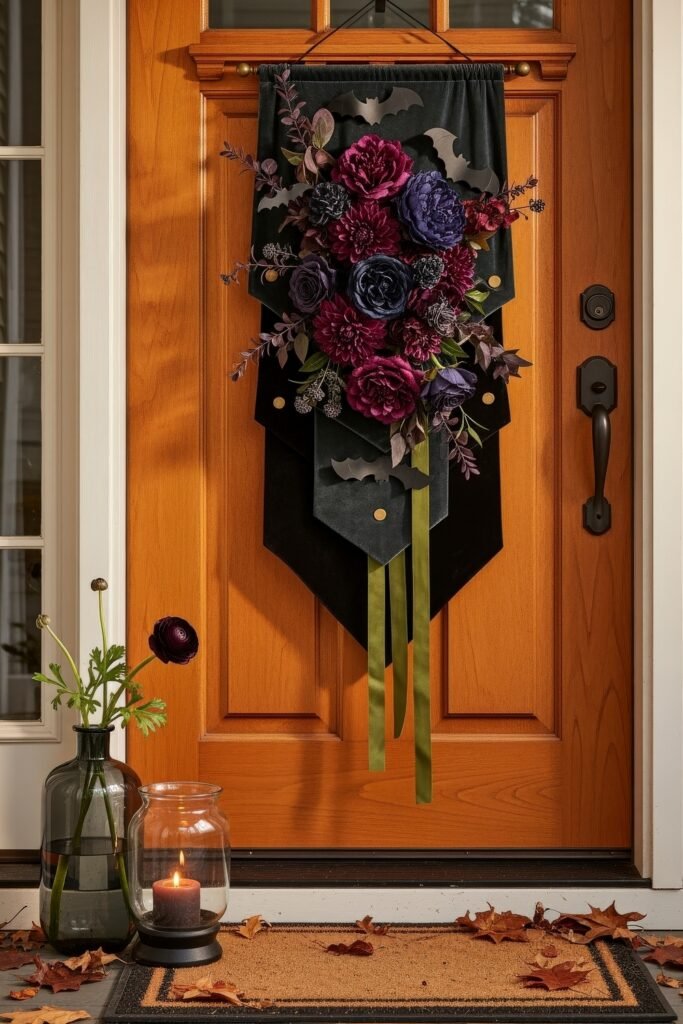Chic halloween door hangers to elevate your entry 7 Wooden door decorated with a layered black Halloween door hanger featuring purple and burgundy flowers with bat cutouts, paired with a candle lantern.