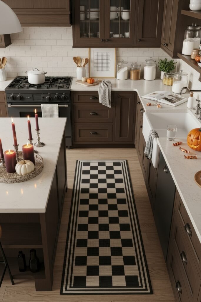 Fresh Ideas for your halloween kitchen 7 A warm-toned halloween kitchen with a checkered runner rug, carved pumpkin by the sink, and dark red candles paired with white pumpkins on the island.