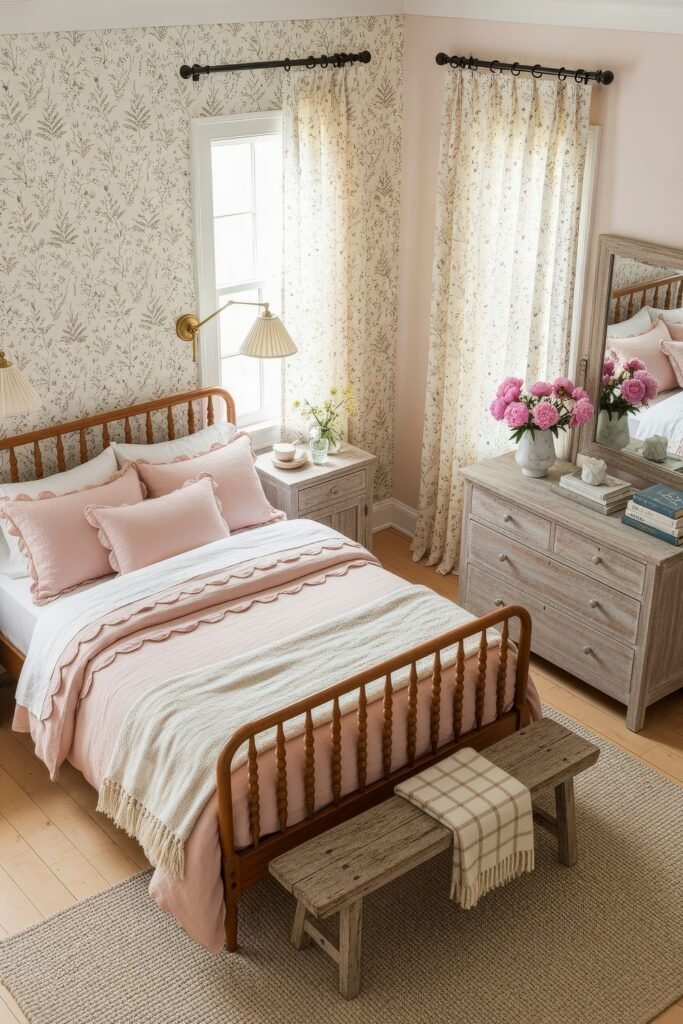 Sweet Ideas for a Romantic Cozy Farmhouse Bedroom 7 Light-filled cozy bedroom with floral wallpaper, pale pink bedding, rustic wood furniture, and fresh peonies in a vase.
