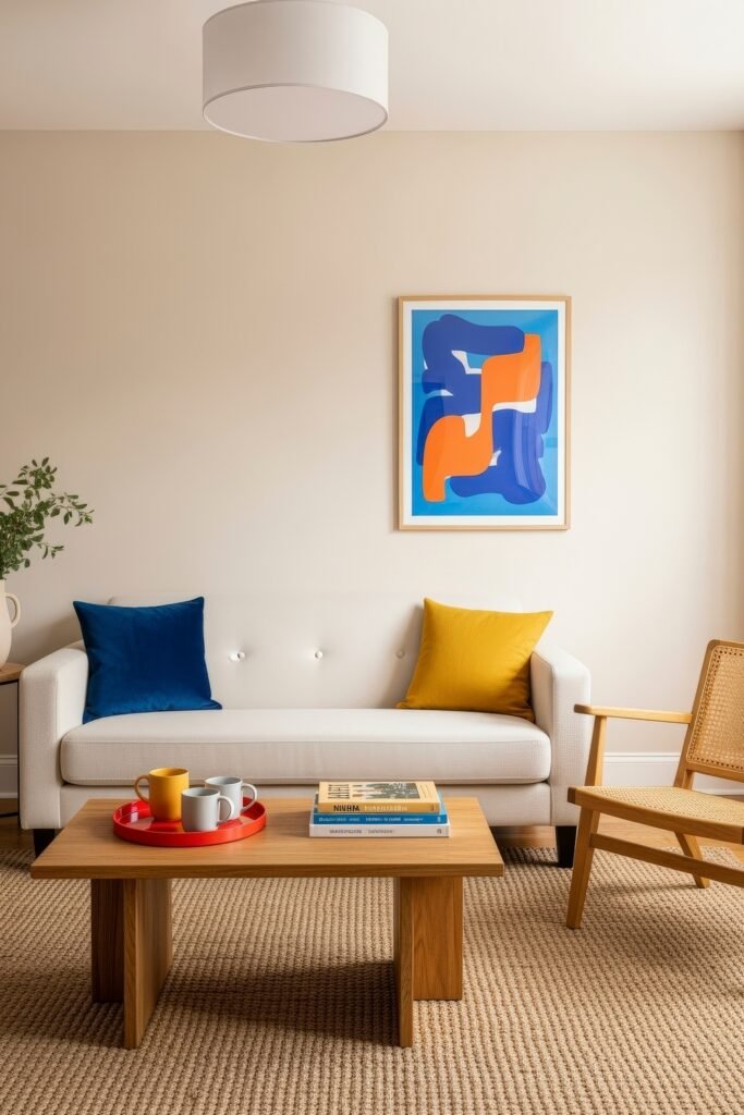 Chic Ideas for Aesthetic Apartment Decor That Feels Effortless 10 Bright minimalist living room with a white sofa accented by bold yellow and blue pillows, abstract wall art, and a simple wooden coffee table with colorful mugs.