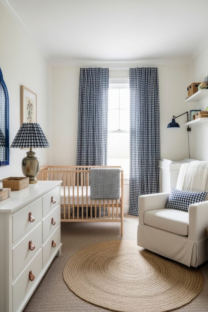 Dreamy Nursery Bedrooms: Baby Nursery Ideas for Boy 8 Fresh and airy nursery featuring blue gingham curtains, light wood crib, cozy armchair, and a touch of classic style with patterned accents.