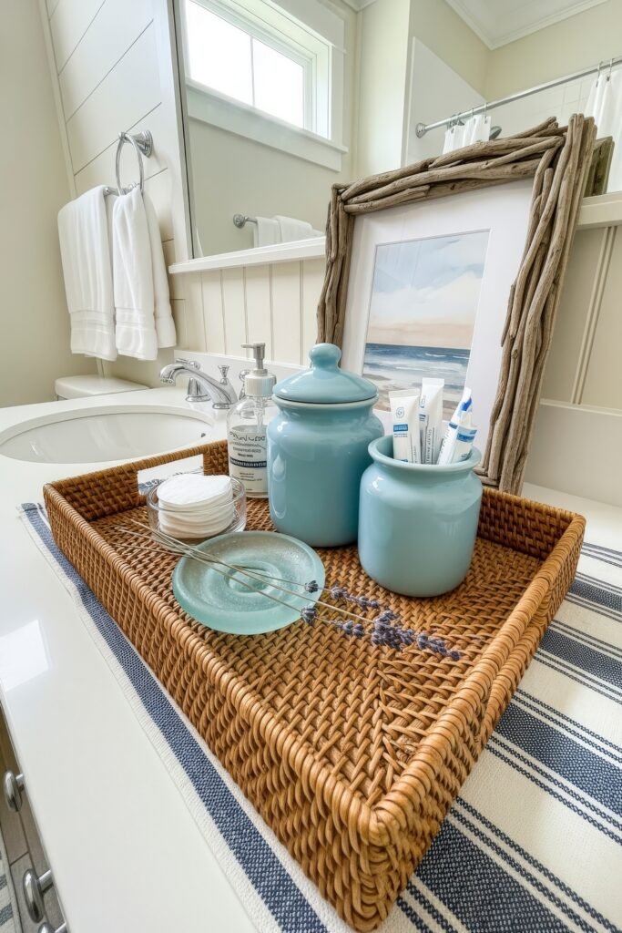 Stylish Bathroom Tray Ideas to Instantly Elevate Your Vanity 8 A coastal-themed bathroom tray made of woven rattan with blue ceramic jars, cotton rounds, lavender sprigs, and a glass soap dish, styled beside a framed ocean print and hand towel.