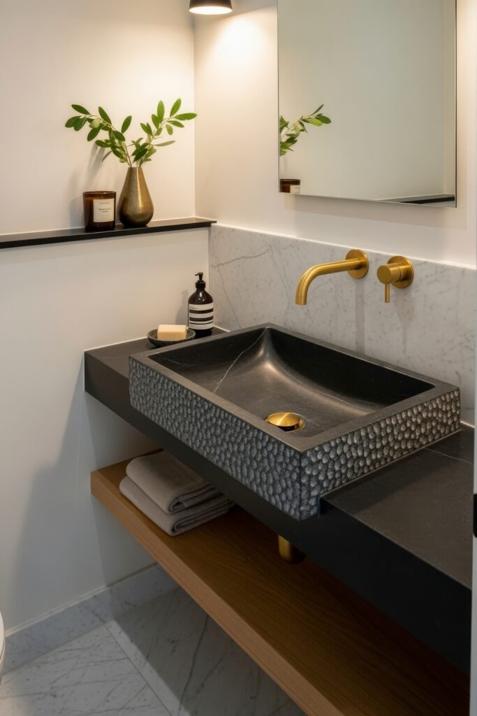Black and Gold Bathroom Decor Ideas for Luxe Everyday Calm 9 Bathroom with a stone-textured black sink, gold faucet, white marble backsplash, and wood shelf below, mixing modern design with natural details.