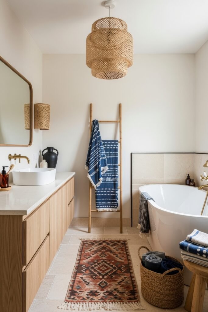 Fresh Ways to Layer Boho Bathroom Decor 10 Bright bathroom with freestanding tub, wood vanity, woven pendant light, ladder towel rack, and patterned rug for inviting Bathroom Decor Inspo.