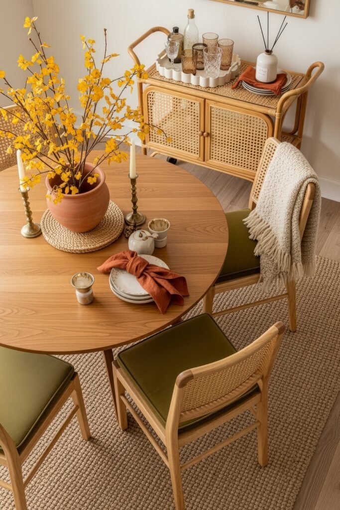 Cozy Boho Fall Decor: Ideas for Warm, Collected Style 11 Round wooden dining table decorated with a terracotta vase of yellow branches, brass candlesticks, and a simple place setting, with a woven bar cart in the background.