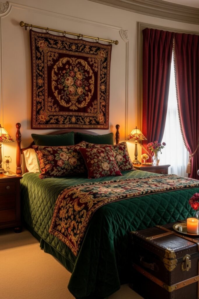 Soft & Stylish: Cozy Bedroom Ideas for an Effortless Retreat 11 Elegant bedroom with deep green quilted bedding, floral tapestry above the bed, rich burgundy curtains, and warm lamp lighting, accented by a vintage trunk at the foot.