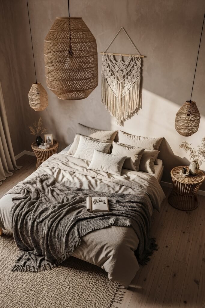 Dreamy Ways to Style a Cozy Boho Bedroom 9 Earthy-toned bedroom bathed in natural light, with layered neutral bedding, an open book on a knitted blanket, rattan side tables and hanging lights, and a large macrame wall hanging that emphasizes the cozy boho bedroom aesthetic.