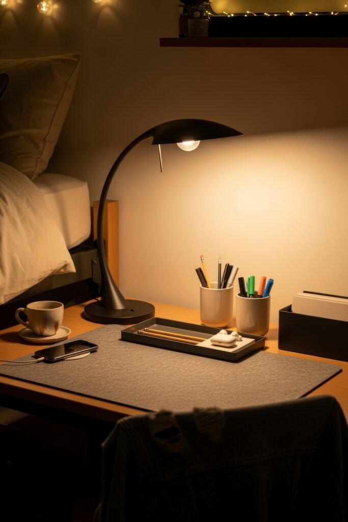Dorm desk organization ideas for a chic glow-up 8 Simple dorm desk setup with a black lamp, gray desk mat, and pencil holders lit by warm light near the bed.
