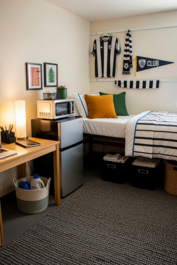 Dorm Room Ideas for Guys That Feel Grown 8 Sporty dorm setup featuring striped bedding, yellow and green pillows, soccer decor on the wall, and a desk next to a fridge and microwave with framed leaf prints above.