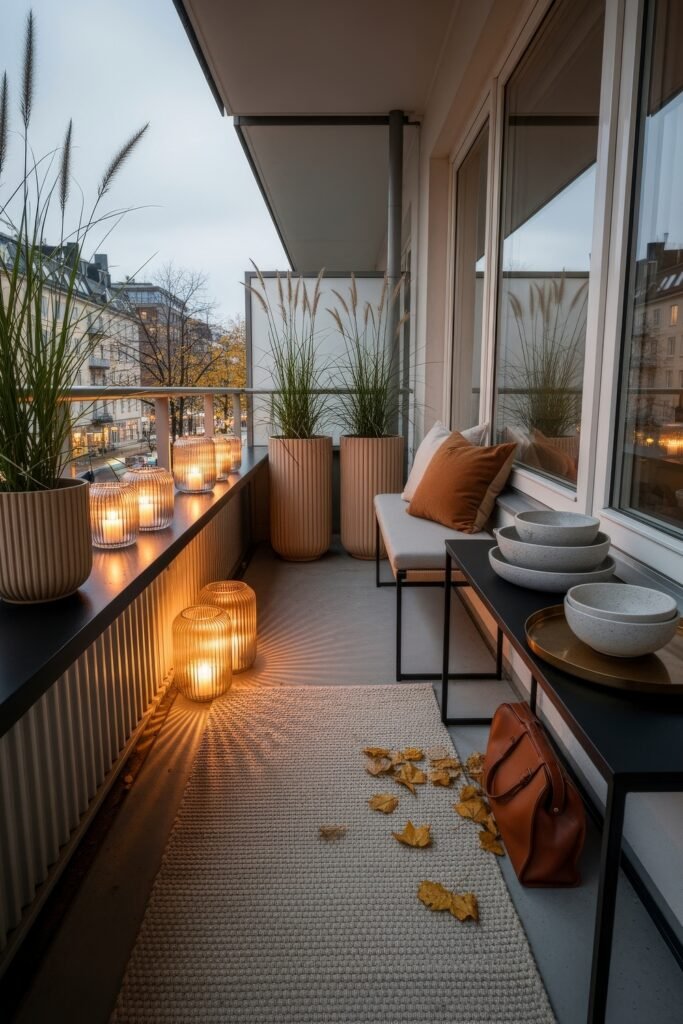 Cozy Entry Glow: Fall Porch Ideas to Try 10 Modern balcony lined with glowing lanterns, tall planters of grasses, a cushioned bench, and warm earthy-toned pillows.