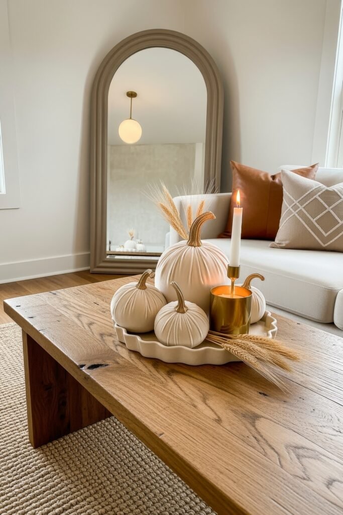 Fresh farmhouse fall decor Ideas for a Cozy, Modern Home 9 Coffee table styled with white pumpkins, a gold candle, and wheat stems on a decorative tray, reflecting a farmhouse fall decor theme.