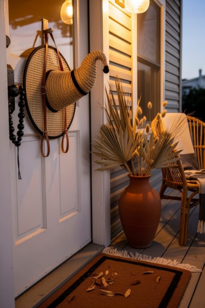 Chic halloween door hangers to elevate your entry 8 Cozy porch with a woven witch hat-style Halloween door hanger, terracotta vase of dried leaves, and a wicker chair.