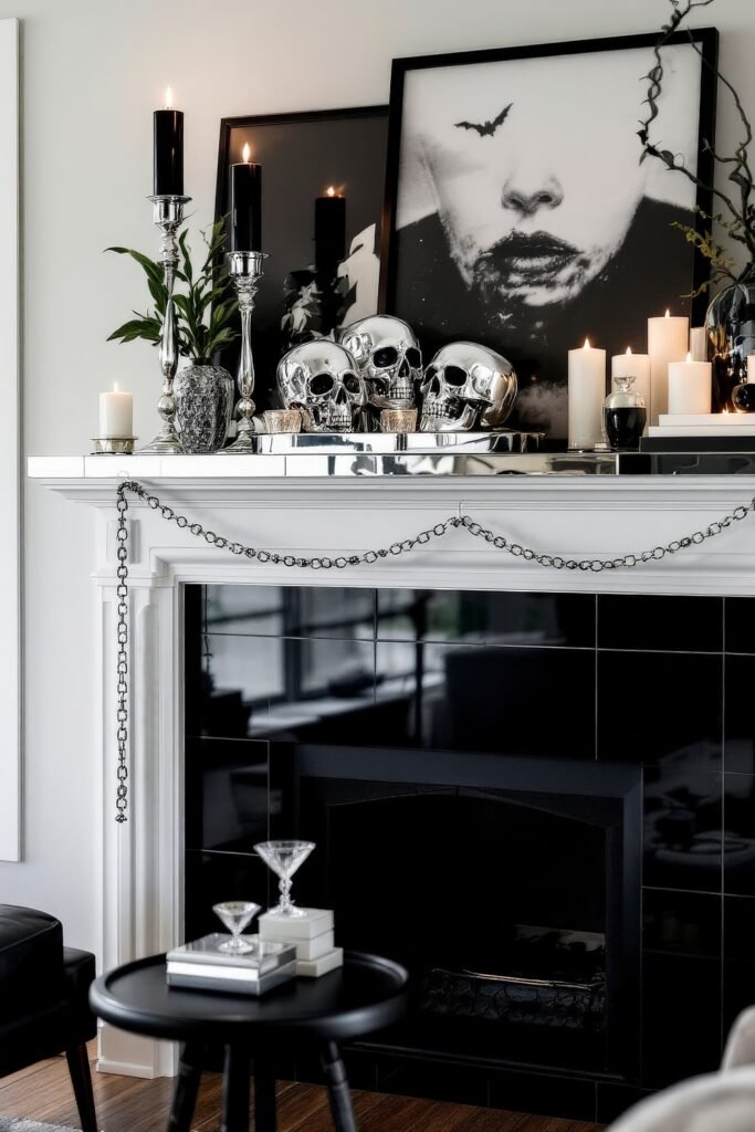 Spooky-Chic Halloween Fireplace Décor: Stylish Mantel Ideas 9 A modern black-and-white fireplace topped with silver skulls, black candles, framed gothic art, and glowing white candles for a dramatic Halloween statement.