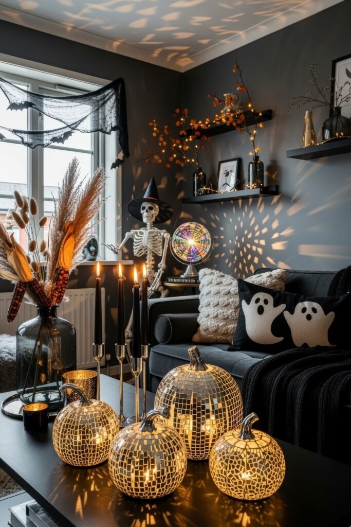 Spooky-Chic Magic: halloween home décor Ideas You’ll Love 11 Modern living room with mirrored mosaic pumpkins glowing on the coffee table, ghost pillows on a dark sofa, and a skeleton in a witch hat under warm Spooky-Chic Halloween Home lighting.
