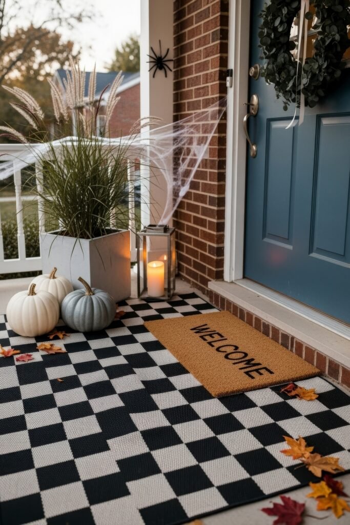 Spooky-Chic halloween porch ideas for Instant Curb Appeal 10 Simple Halloween porch styling with white and gray pumpkins, cobwebs, a lantern, and a checkered welcome mat.
