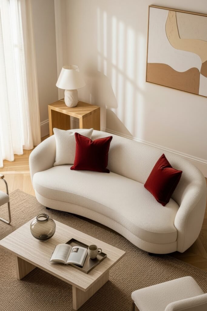 Ideas to Nail a Luxury Apartment Aesthetic 9 Modern living room with a curved white sofa accented by deep red velvet pillows, paired with a travertine coffee table and abstract wall art.