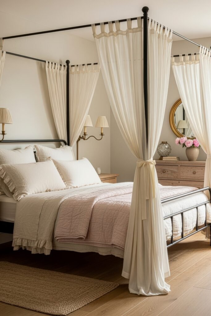 Sweet Ideas for a Romantic Cozy Farmhouse Bedroom 8 Airy cozy bedroom with a black four-poster bed draped in sheer white curtains, pale bedding, and a dresser topped with books and pink flowers.