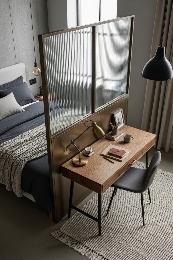 Small Bedroom Office Combo Ideas That Actually Look Chic 11 Modern small bedroom office combo featuring a bed and wood desk separated by a ribbed glass partition, with brass lamp, notebooks, and framed photo.