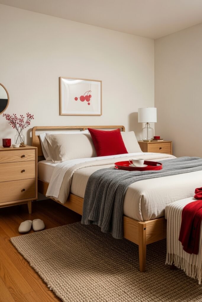 Small Bedroom Style Ideas: 15 Chic Looks That Work 11 Small bedroom with light wood furniture, beige bedding, and bold red accents including a throw pillow, blanket, and tray for a cozy modern look.