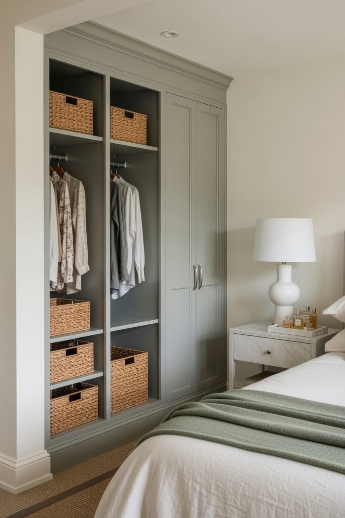 Smart, Stylish Storage Ideas for Small Bedrooms 11 Built-in open wardrobe in a small bedroom with hanging clothes, woven storage baskets, and a marble nightstand topped with perfume bottles.