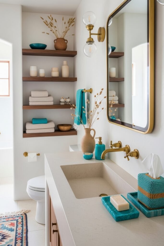Desert-Modern Magic: Western Bathroom Decor Ideas 11 Bright bathroom with open wooden shelves, terracotta vase, turquoise accents, brass fixtures, and a patterned rug for stylish Bathroom Decor Inspo.