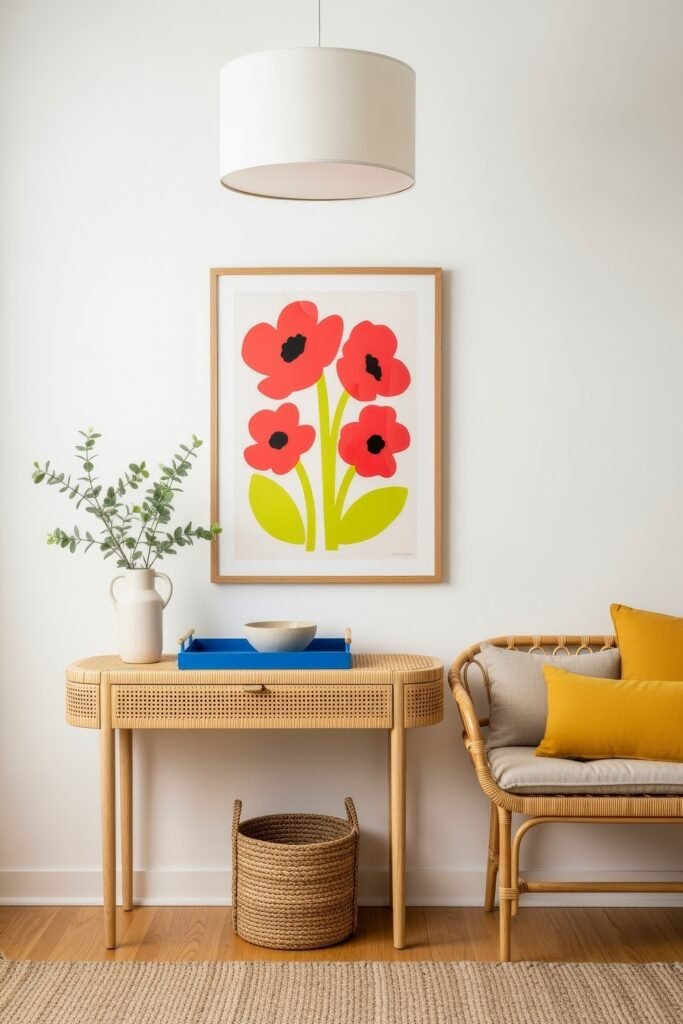 Chic Ideas for Aesthetic Apartment Decor That Feels Effortless 11 Bright entryway with a rattan console table, wicker basket, and framed poppy flower print above, paired with a woven bench accented by yellow pillows.