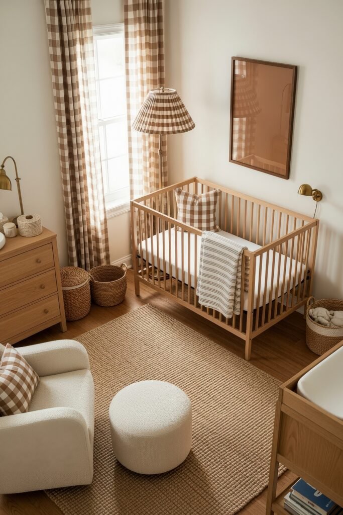 Dreamy Nursery Bedrooms: Baby Nursery Ideas for Boy 9 Warm baby nursery with neutral checkered curtains, matching decor, light wood crib, and cozy seating styled with earthy woven textures.