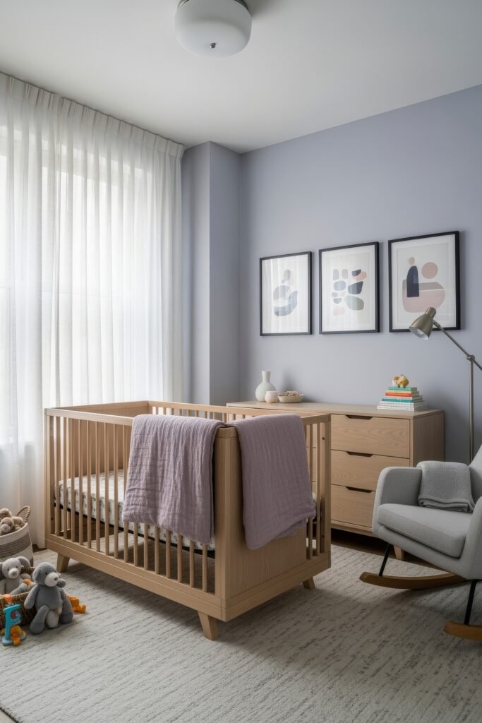 Dreamy & Stylish Baby Nursery Ideas for Girl 8 Calm gray and wood nursery with a simple crib, soft lilac blanket, abstract wall art, and cozy armchair, styled in modern dreamy nursery bedroom design.