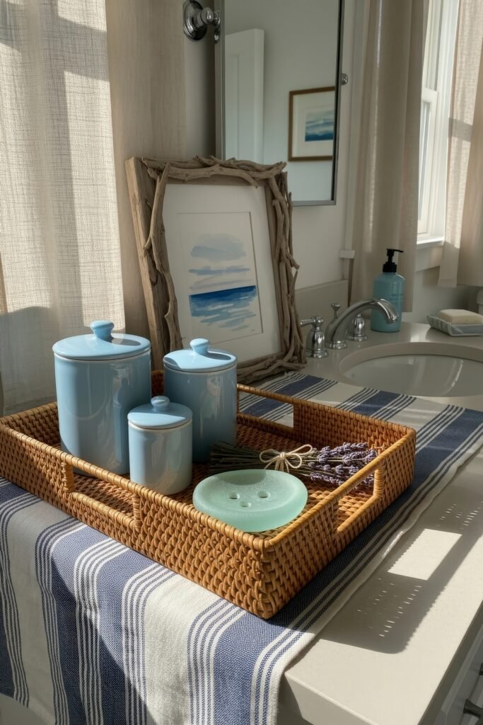 Stylish Bathroom Tray Ideas to Instantly Elevate Your Vanity 9 A sunlit rattan bathroom tray with coastal blue ceramic containers, lavender sprigs, and a sea glass soap dish, placed on a striped cloth runner by the sink with ocean-themed wall art.