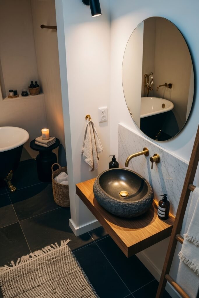 Black and Gold Bathroom Decor Ideas for Luxe Everyday Calm 10 Warmly lit bathroom with a round stone basin sink, wood countertop, gold faucet, and a glimpse of a freestanding tub with gold claw feet in the background.