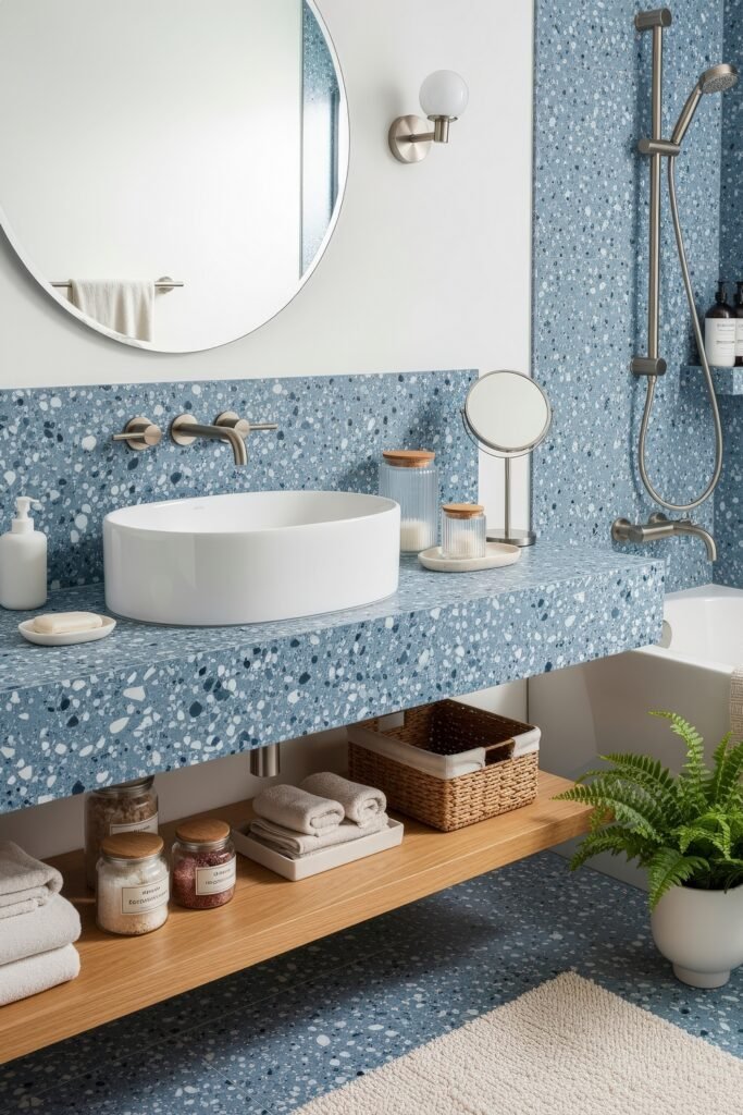 Blue Bathroom Decor: Fresh, Wow-Worthy Ideas 10 Contemporary bathroom with speckled blue terrazzo vanity, round mirror, and natural wood shelving accented by plants.