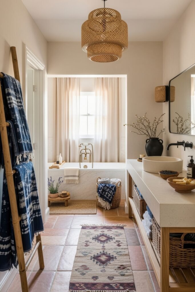Fresh Ways to Layer Boho Bathroom Decor 11 Warm-toned bathroom with terracotta tiles, woven pendant light, freestanding tub, blue patterned towels, and rustic vanity for cozy boho bathroom decor.