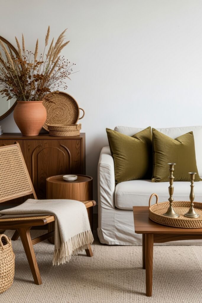 Cozy Boho Fall Decor: Ideas for Warm, Collected Style 12 Neutral living room with a white sofa, olive green pillows, rattan chair, and a terracotta vase of dried grasses, styled with warm fall decor accents.