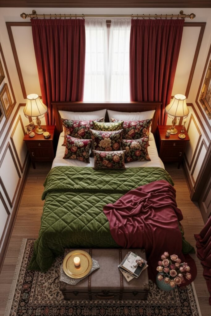 Soft & Stylish: Cozy Bedroom Ideas for an Effortless Retreat 12 Traditional bedroom styled with a green quilted bedspread, abundant floral pillows, burgundy curtains, warm table lamps, and a trunk topped with books and a candle.