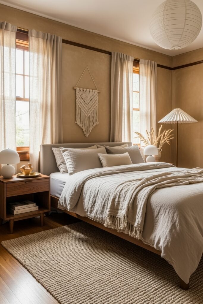 Dreamy Ways to Style a Cozy Boho Bedroom 10 Warm, inviting bedroom with soft beige bedding, wooden furniture, layered textures, and macrame decor on the wall between sunlit curtains, styled with ceramic lamps and dried grasses for a natural, cozy boho bedroom ambiance.