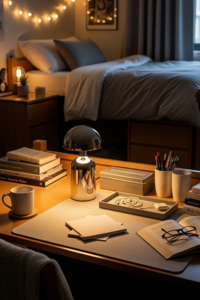 Dorm desk organization ideas for a chic glow-up 9 Calm dorm bedroom glow-up with string lights, a chrome lamp, neatly stacked books, and study supplies on a clean desk.