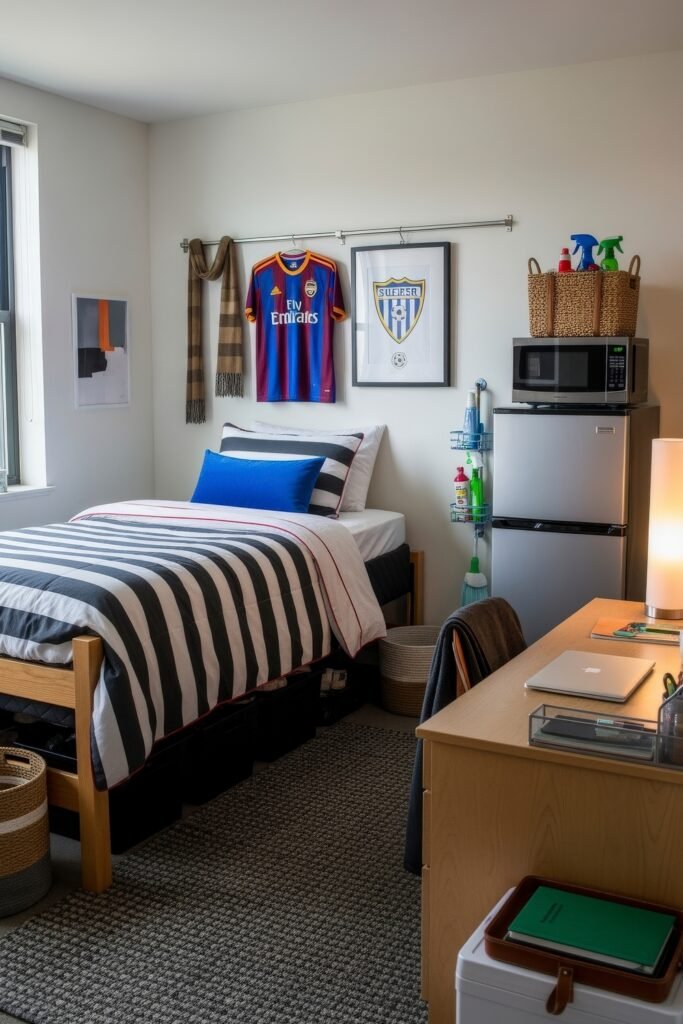 Dorm Room Ideas for Guys That Feel Grown 9 Athletic dorm bedroom with bold striped bedding, framed soccer jersey on the wall, desk with lamp and laptop, and organized storage baskets around the mini fridge.