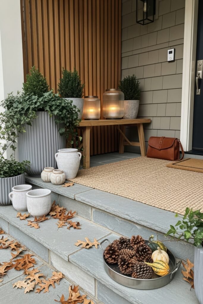 Cozy Entry Glow: Fall Porch Ideas to Try 11 Modern fall porch with stone steps, potted greenery, glowing lanterns, and a tray of pinecones and gourds scattered among autumn leaves.