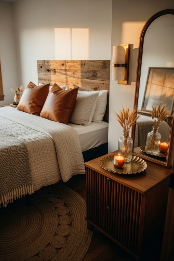 Fresh farmhouse fall decor Ideas for a Cozy, Modern Home 10 Bedroom with rustic wood headboard, leather accent pillows, neutral quilt, and a bedside table decorated with wheat stems and a candle, styled in warm farmhouse fall decor.
