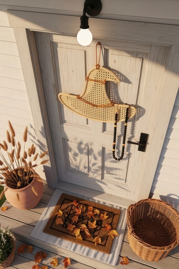 Chic halloween door hangers to elevate your entry 9 White rustic door with a woven witch hat Halloween door hanger, black beaded garland, autumn leaves on the doormat, and wicker baskets.