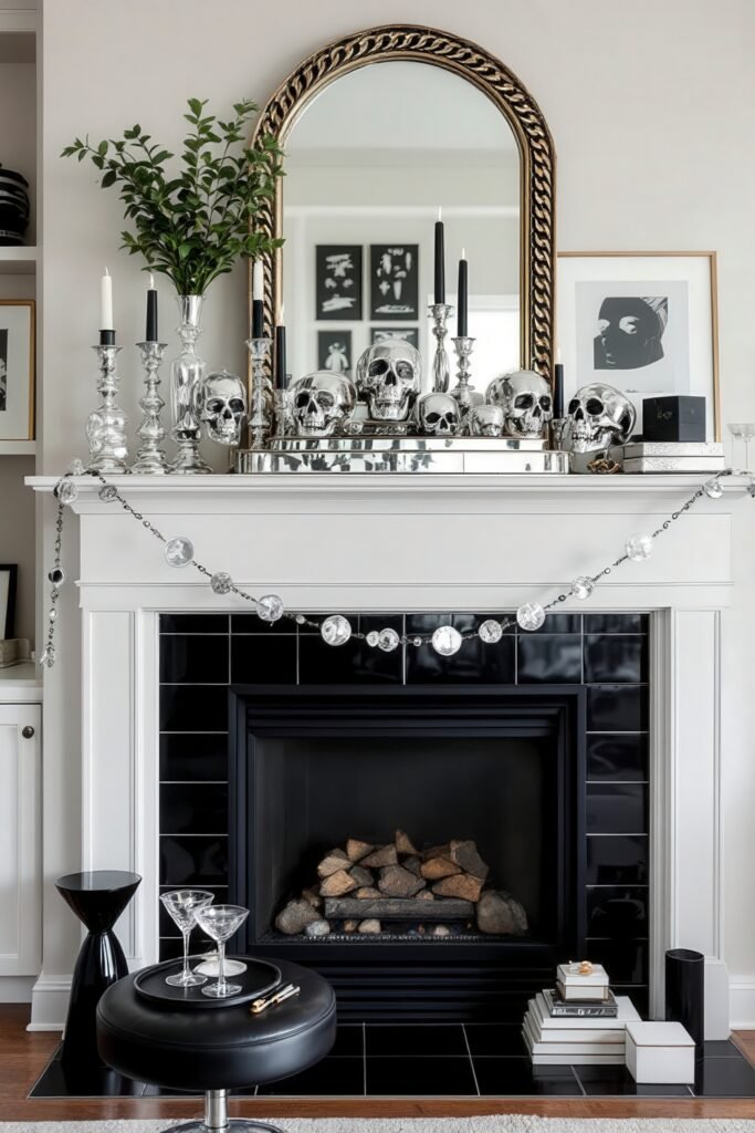 Spooky-Chic Halloween Fireplace Décor: Stylish Mantel Ideas 10 A white fireplace with glossy black tile, silver skulls, black candles, and a large gold-trimmed mirror, styled with a silver garland for a chic Halloween mantel display.