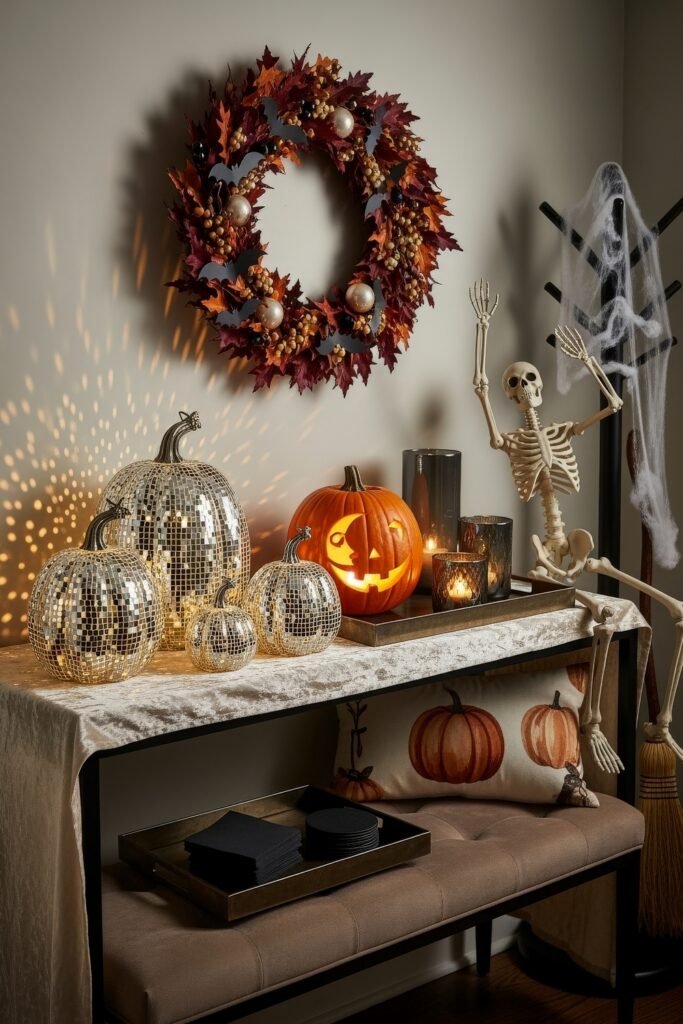 Spooky-Chic Magic: halloween home décor Ideas You’ll Love 12 Entryway table with shimmering disco ball pumpkins, a carved jack-o’-lantern, autumn wreath with bats, and a skeleton posed playfully beside cobweb décor.