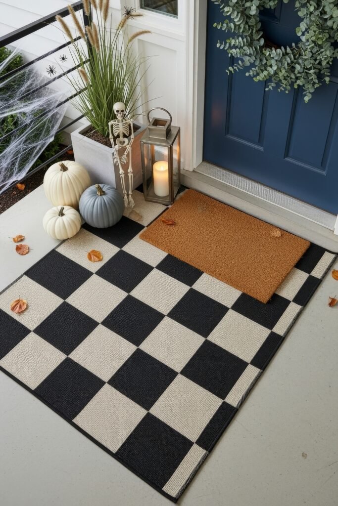 Spooky-Chic halloween porch ideas for Instant Curb Appeal 11 Porch decorated with white and gray pumpkins, a small skeleton, lantern, cobwebs, and a checkered rug for a festive Halloween welcome.